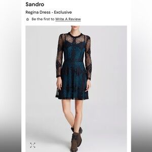 Sandro Regina dress Black Lace Dress with Teal Underlay, Long Sleeve. Size 2 .